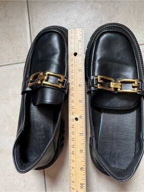 Women’s Black Leather Loafers with Gold Buckle